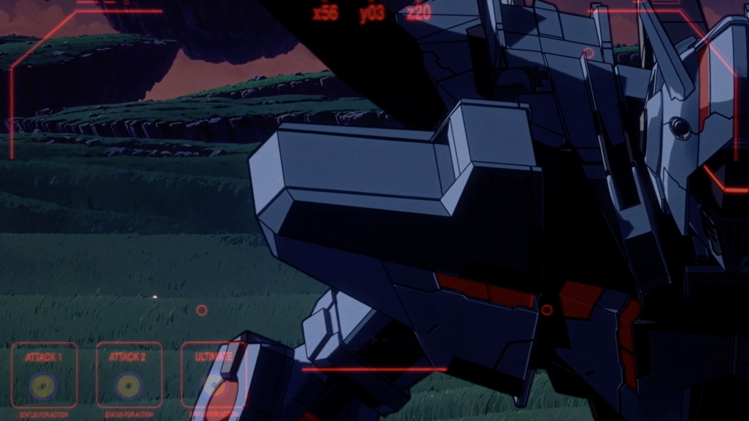 A close-up of a robotic or mecha figure with a dark and detailed design, set against a landscape with green grass and mountains in the background. The image features a sci-fi or futuristic user interface overlay with red and yellow indicators and text, suggesting an analysis or targeting system.