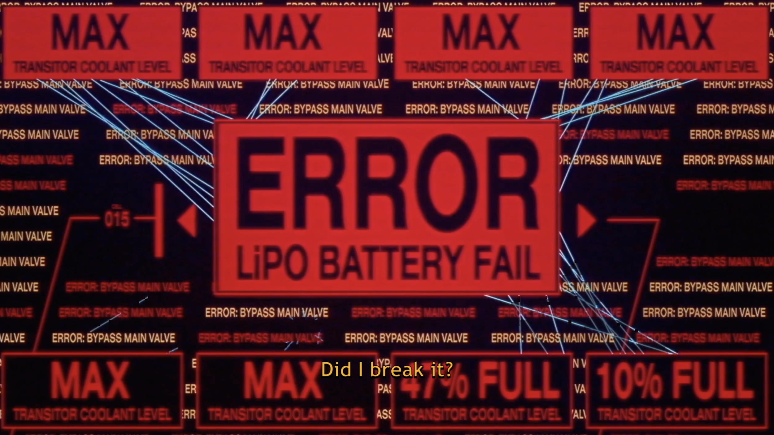 A digital screen displays multiple error messages related to a vehicle's cooling system and battery, including several 'MAX TRANSISTOR COOLANT LEVEL' signs and a large 'ERROR' message indicating a 'LIPO BATTERY FAIL'.