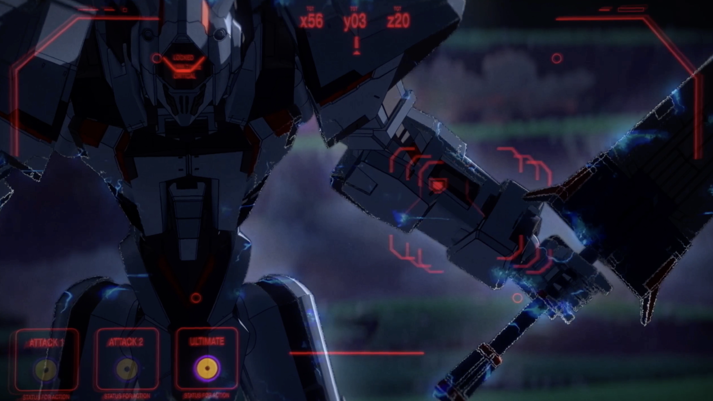 A digital illustration of a futuristic robot with a humanoid shape, seen through a red targeting HUD interface. The scene includes lightning effects and a dark background with some digital overlays and interface elements.