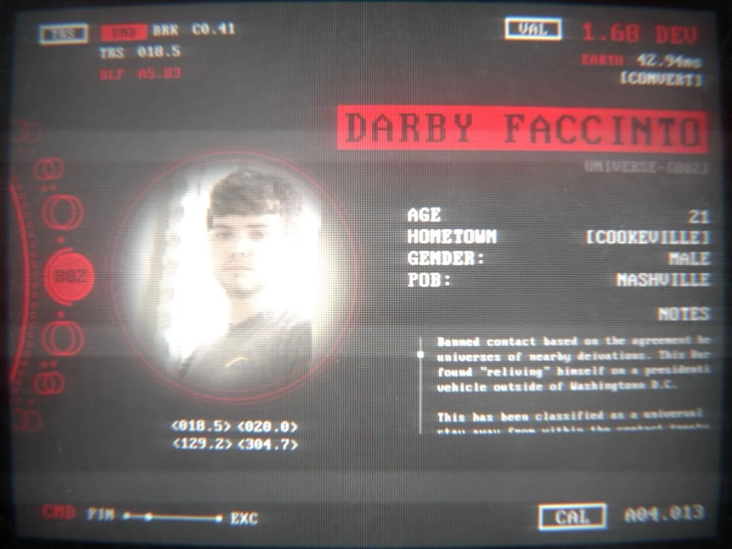 A futuristic screen displaying a profile of a young man named Darby Faccinto, age 21, from Cookeville, with data about her gender, hometown, and notes. From the movie the Shift