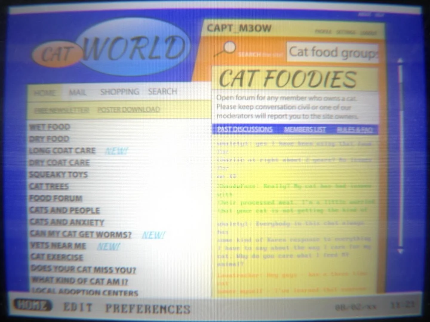 Screenshot of a website called 'Cat World' with a menu on the left listing topics related to cats, and a yellow section on the right titled 'Cat Foodies' with forum discussions about cat food and behavior. From the movie the Shift