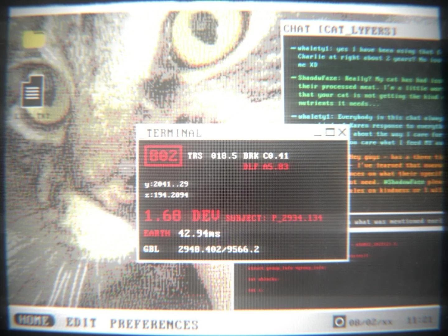 Close-up of a spaceship dashboard screen displaying star information and a chat window with text about cats, along with a foreground window showing detailed star data. From the movie the Shift