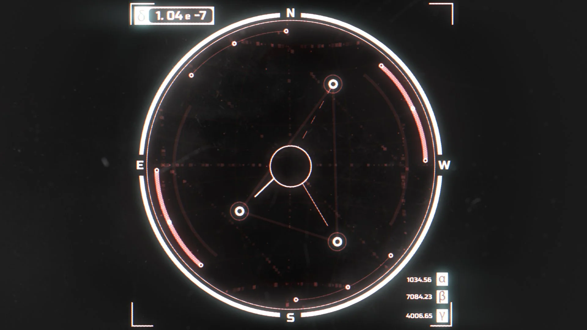 A digital radar display with a circular interface showing various points and lines, and coordinates marked for north, south, east, and west. Numerical data and code are visible at the top and bottom of the display. From the movie the Shift