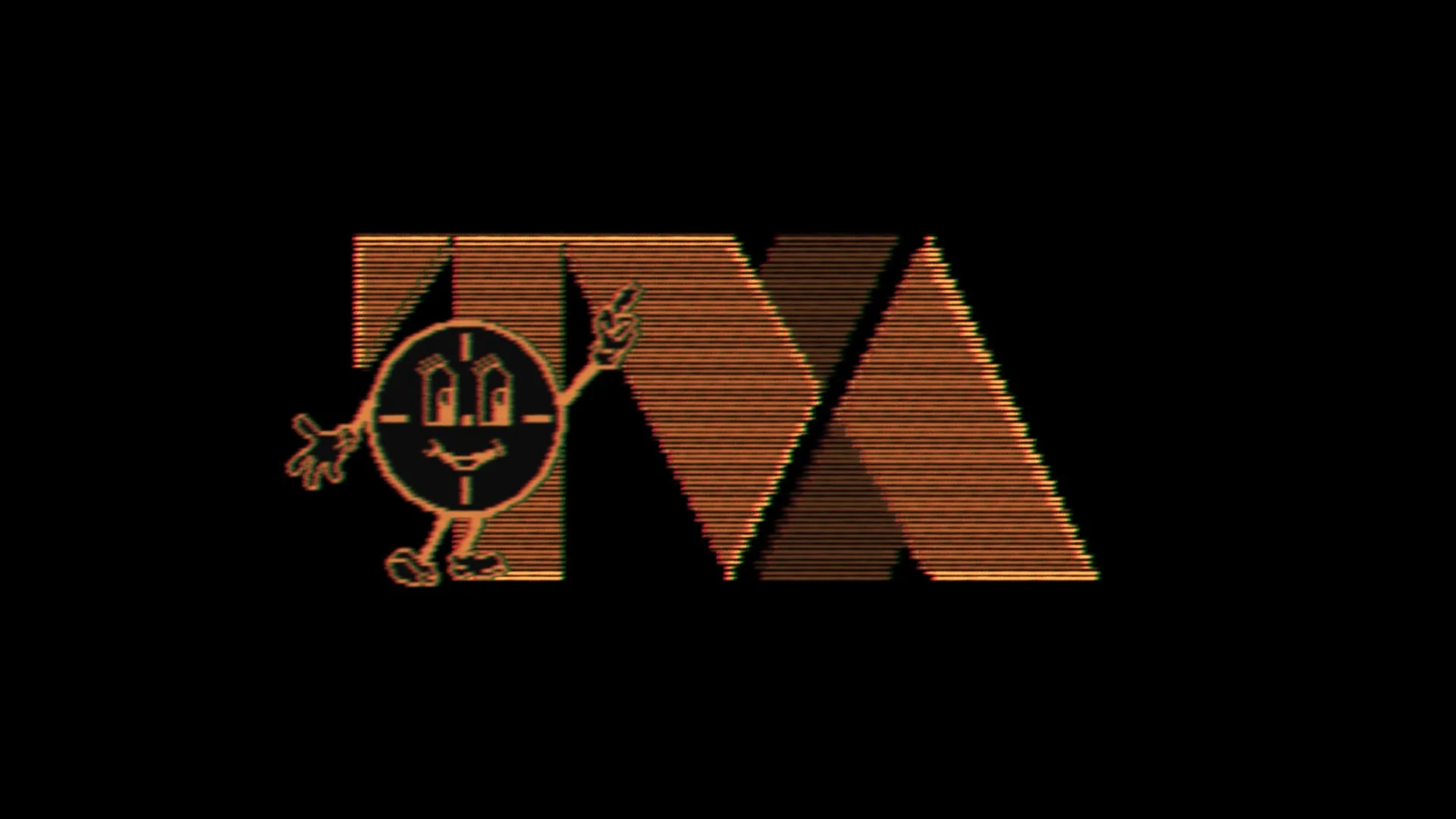 TVA logo exploration: scanline-textured letters beside the Miss Minutes clock mascot