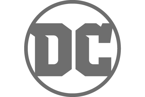 DC Comics logo with a black background and gray letters 'DC' inside a circle.