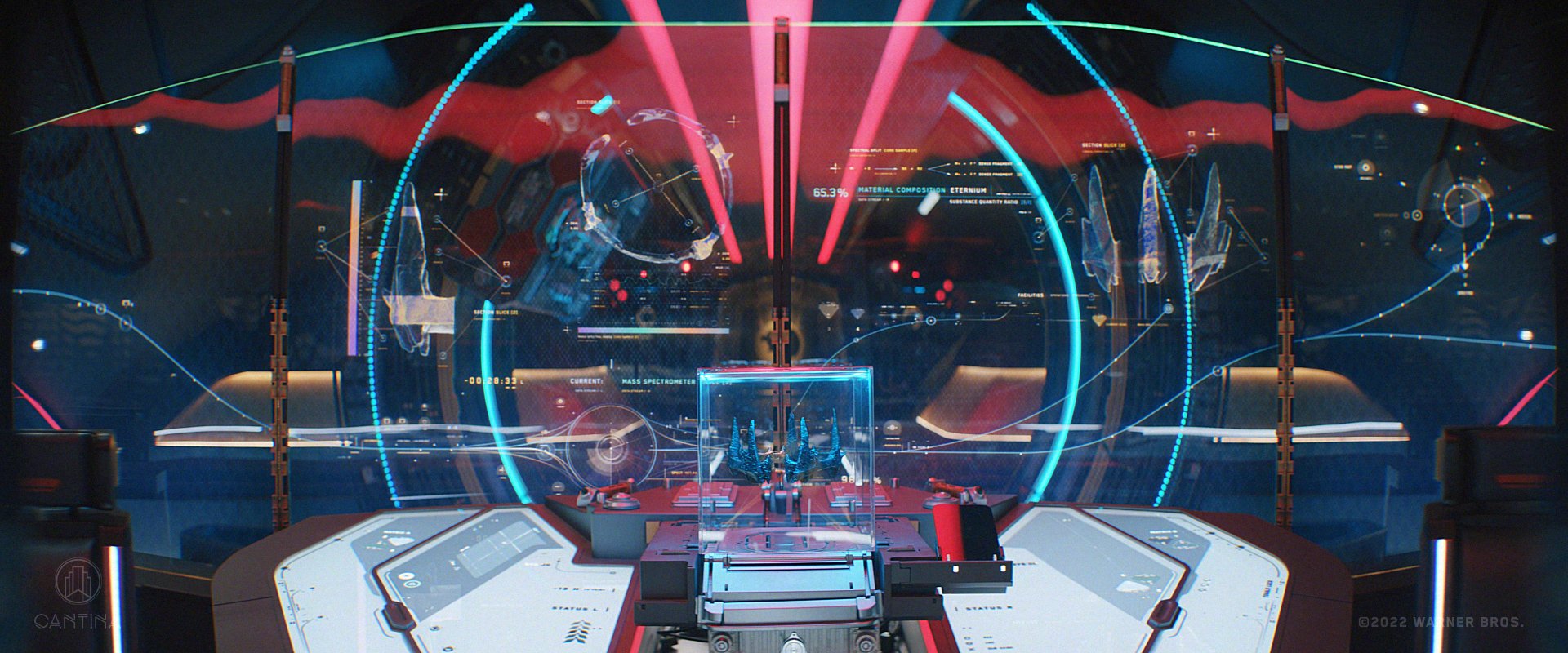 A high-tech spaceship cockpit in the Hawkcruiser, with a large digital display screen showing scientific graphs, data, and holographic interface elements from DC's Black Adam film.