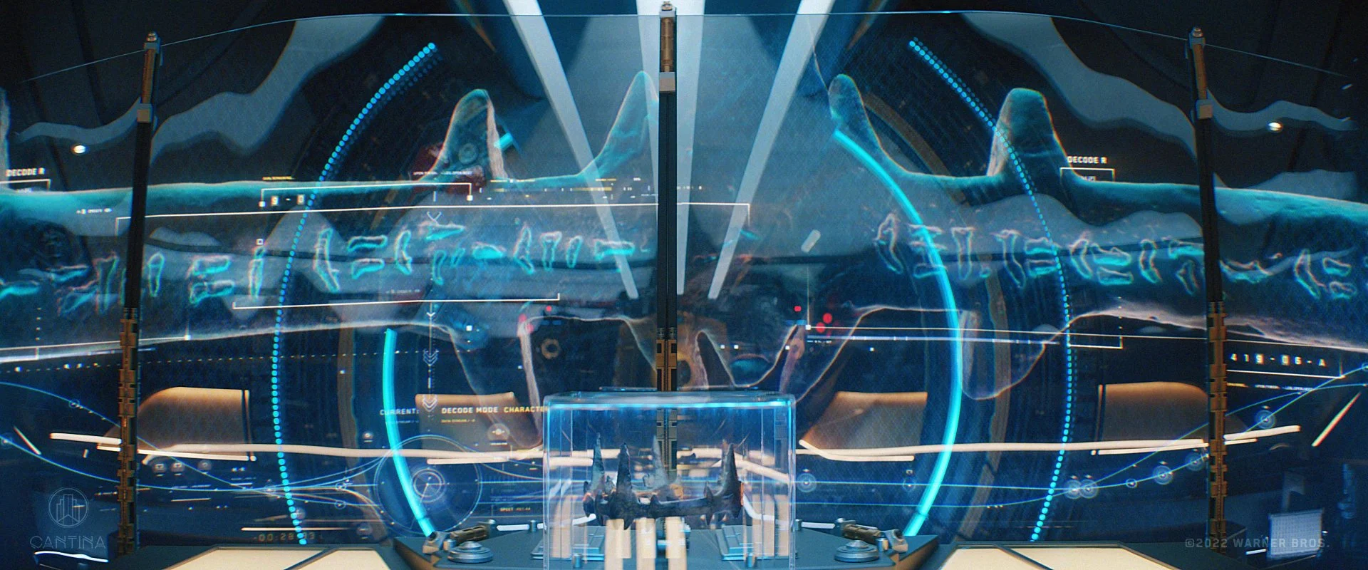 Futuristic display with a large holographic scan from DC's Black Adam film