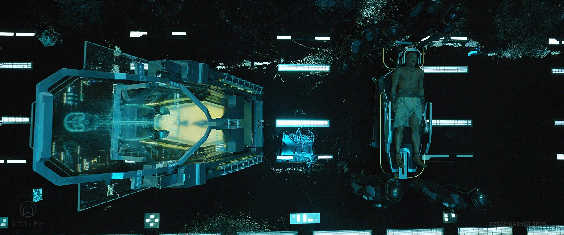 A person lying on a medical examination table in a science fiction setting with a holographic cryo chamber., with advanced technology and blue lighting. From DC's Black Adam film