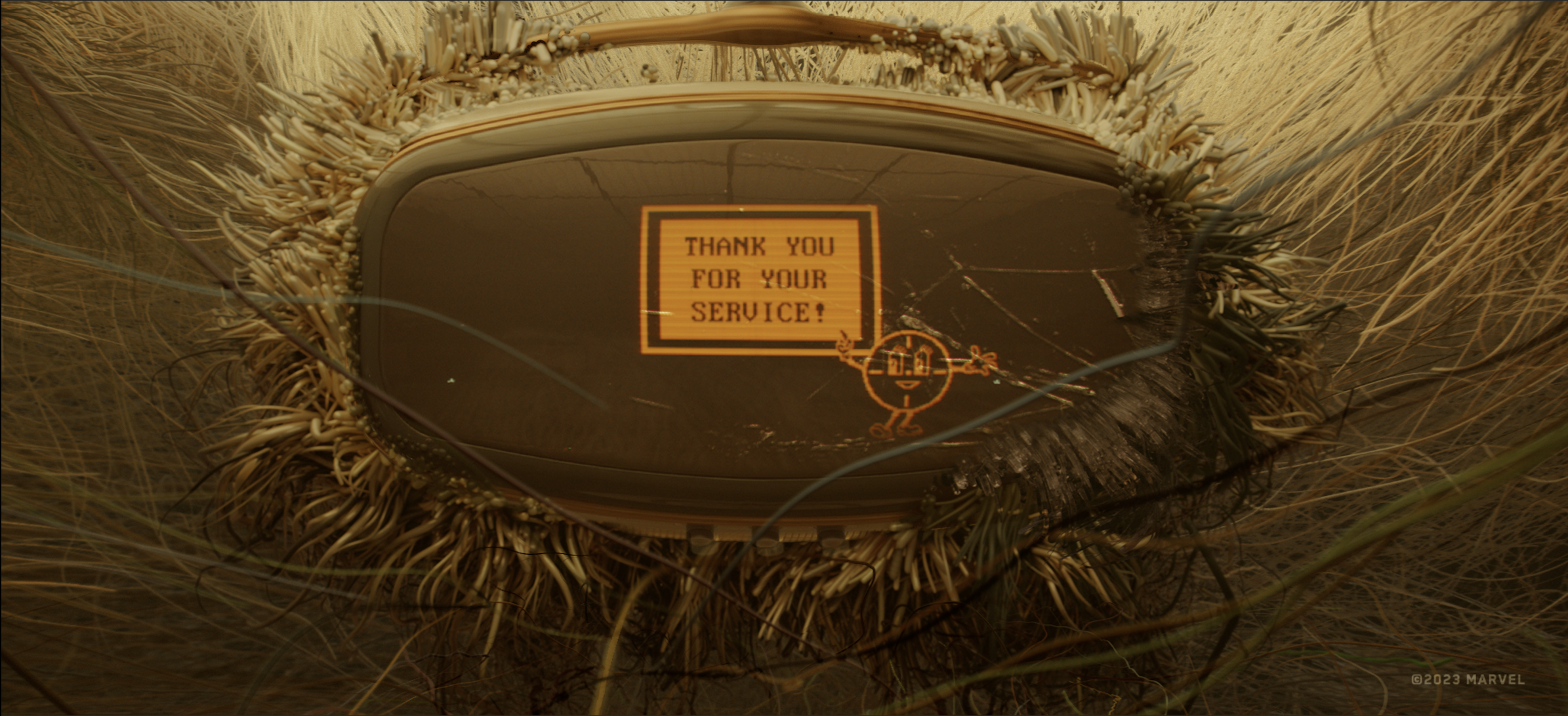 Miss Minutes thank you for your service screen as the multiverse and TVA falls apart. From Marvel Studios season 2 of the Loki series.