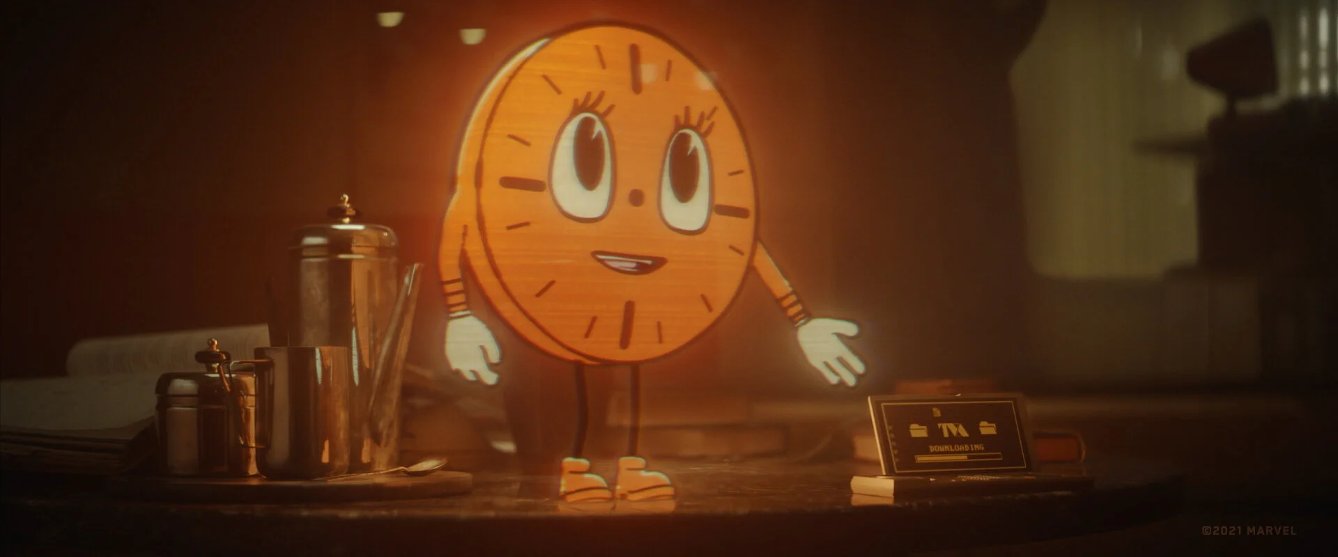 Miss Minutes from Loki stands next to a tempad that has screen graphics and UI showing a file downloading