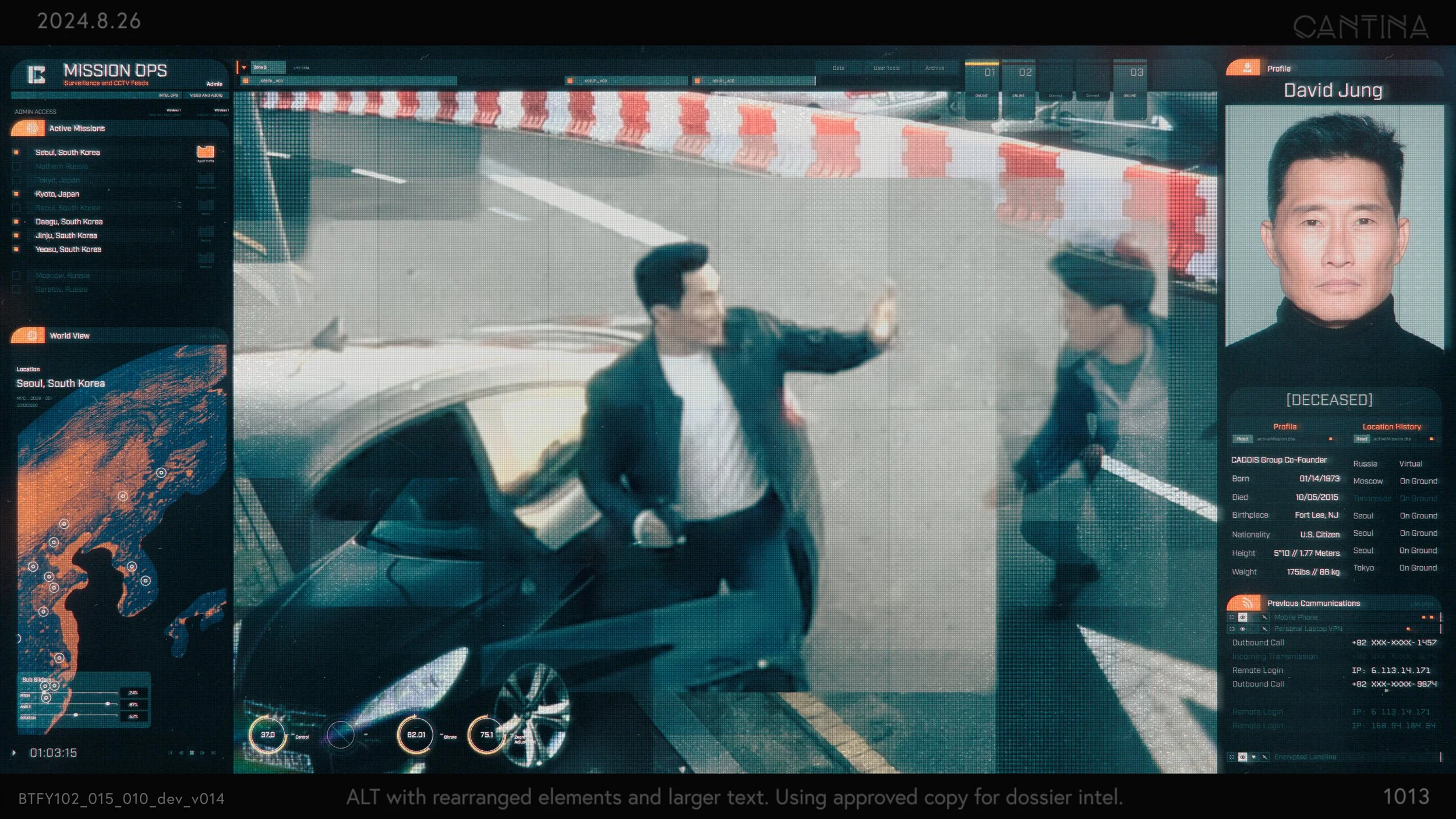 Target dossier and surveillance footage design on a CADDIS screen — Butterfly FUI and screen graphics by Darby Faccinto