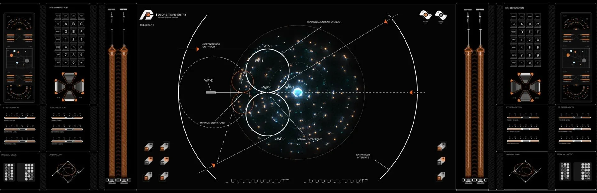 UI design by Darby Faccinto for Big Hero 6 Orbital: Big Hero 6 orbital interface: a central particle cluster with circles and side gauges
