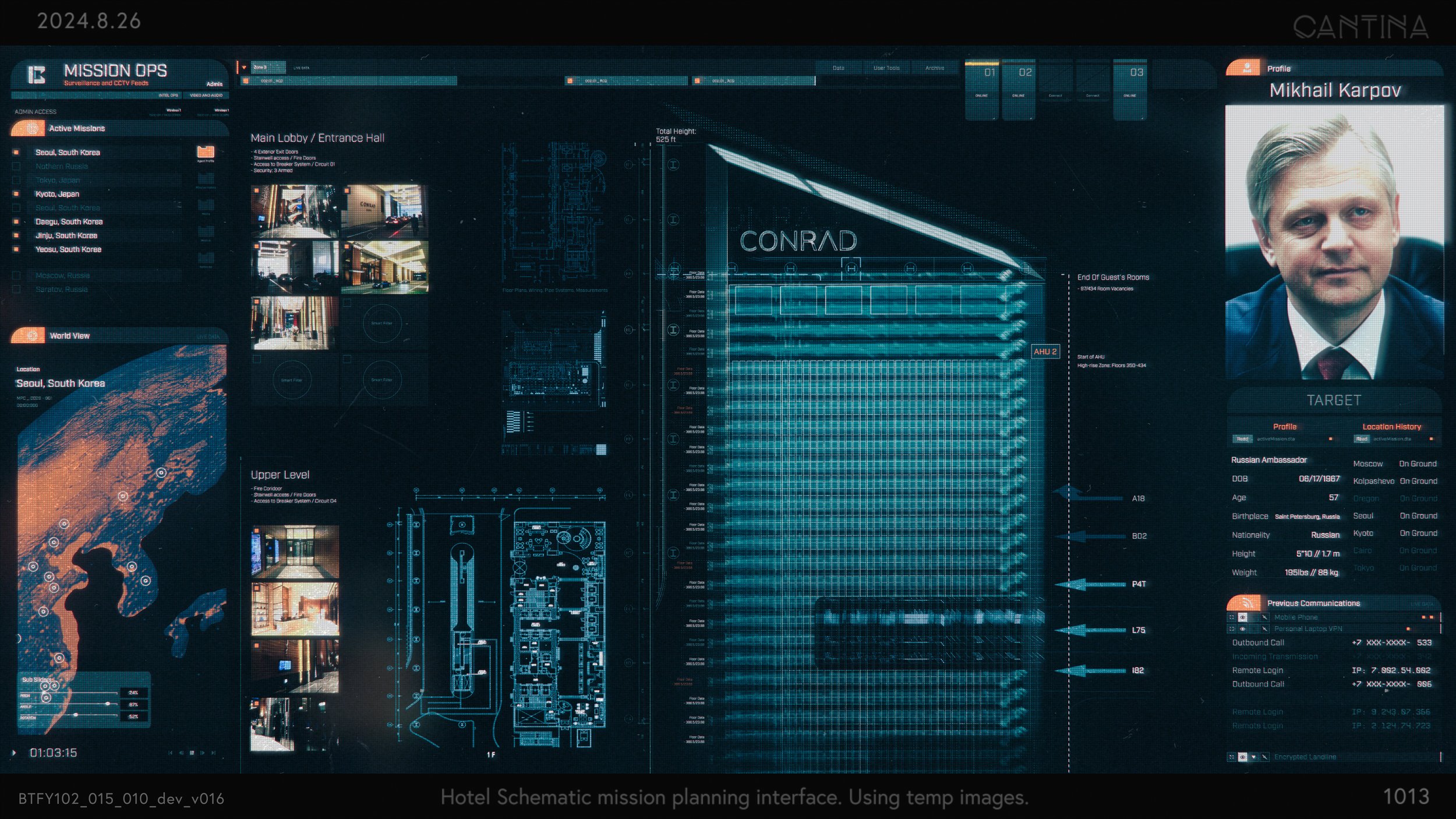 Conrad Hotel schematic design with floor plans and security overlays — Butterfly FUI and screen graphics by Darby Faccinto