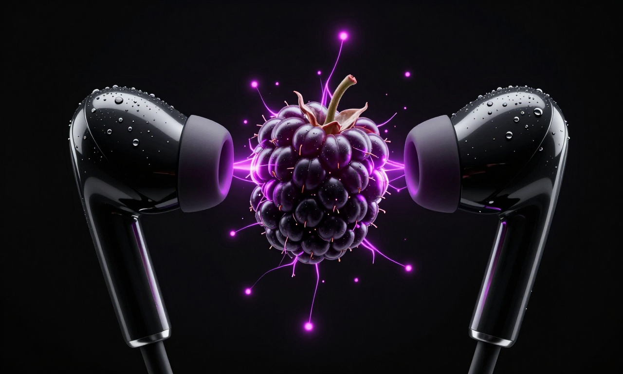 Two high-end wireless earpods floating in a dark void, facing each other. Centered between them, a blackberry is undergoing a digital metamorphosis; glowing neon-magenta light particles and energetic micro-filaments that arc through the air.