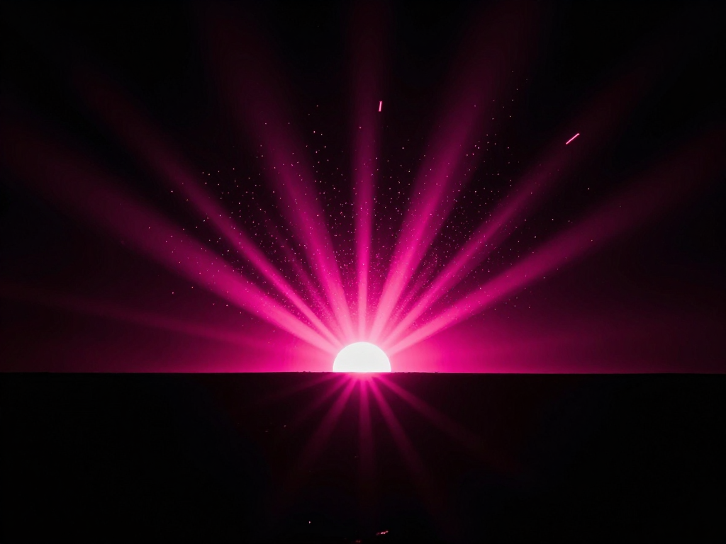 rising sun rays over the horizon of high-velocity neon-magenta energetic light particles piercing through darkness