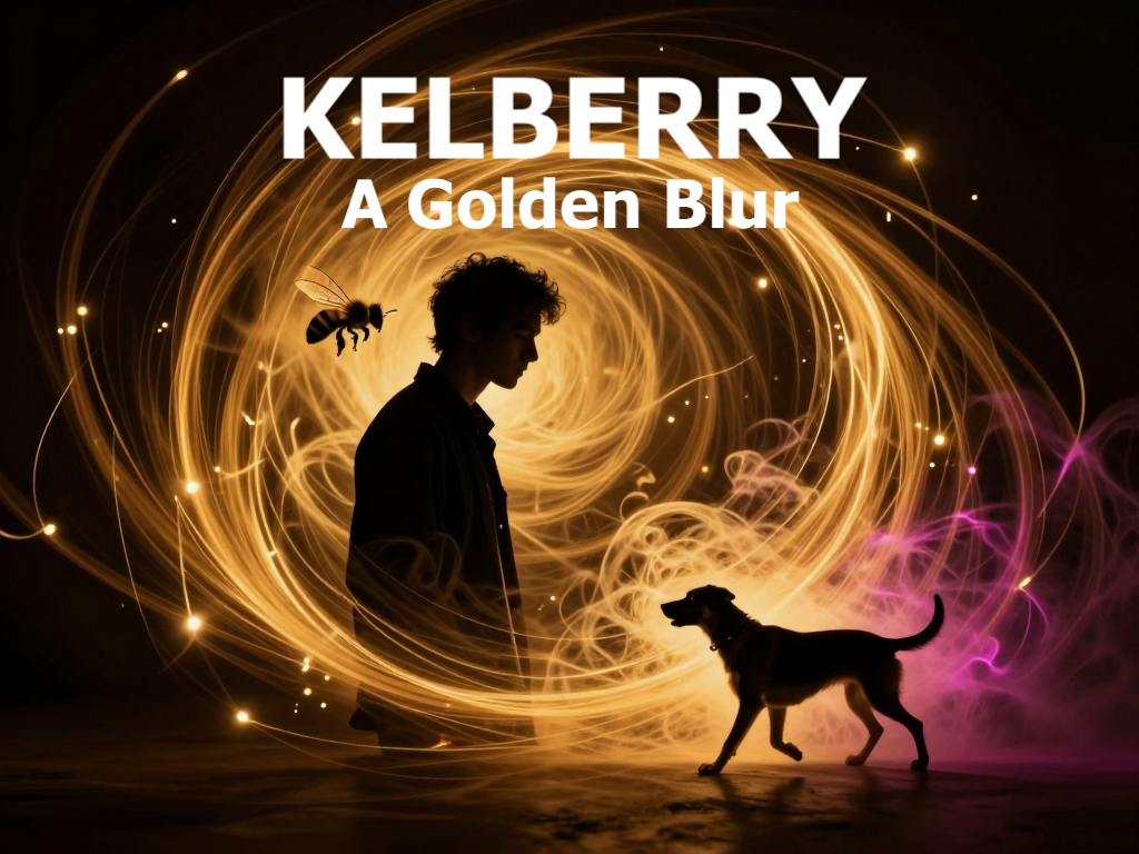 A man's profile silhouette layered with swirling golden-amber light filaments. Inside the swirling golden-amber light filaments are the silhouettes of a bee to the left flying toward him and a dog walking toward him from the right, facing the man.
