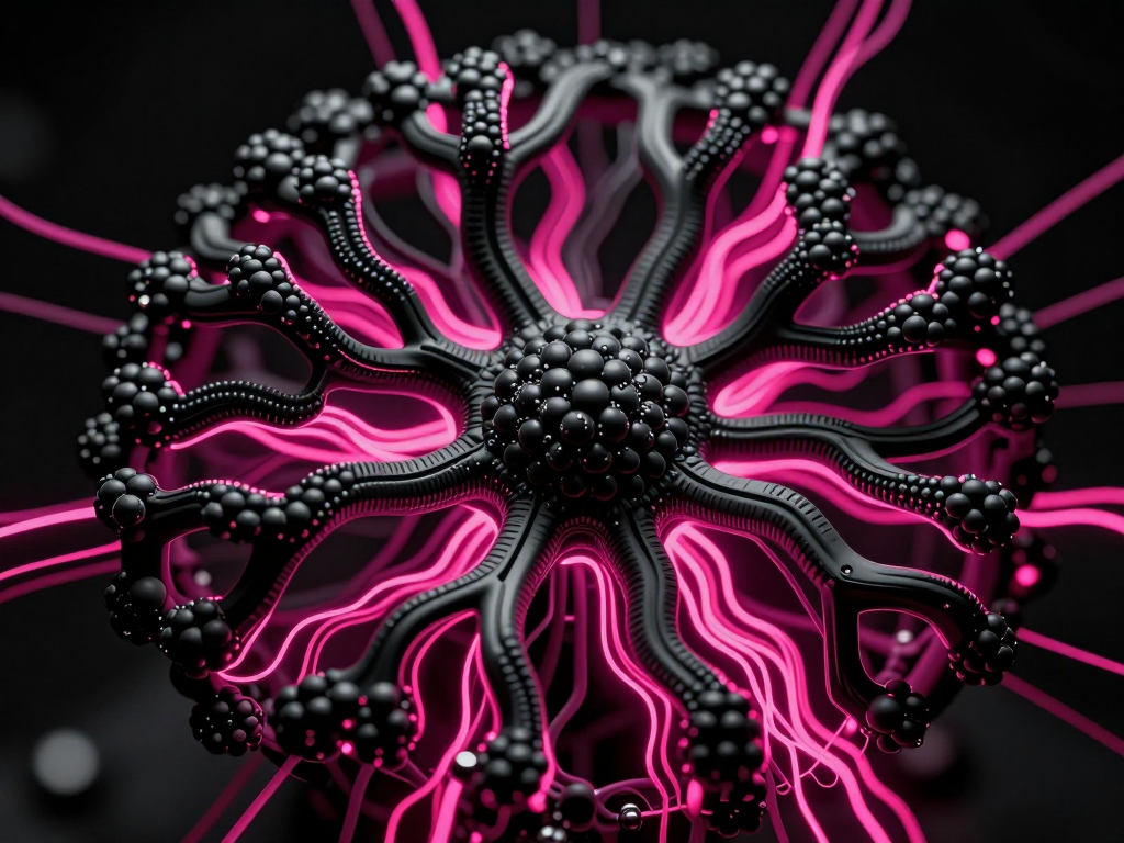 A complex, organic neural network composed of matte-black, blackberry-textured micro-circuitry, with high-velocity neon-magenta energetic micro-filaments surging through the pathways like flowing code.