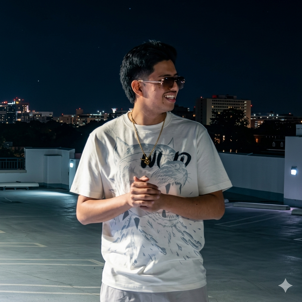 A young man with dark hair, wearing sunglasses, a graphic t-shirt, gold necklace, and smiling, standing on a rooftop at night with city lights in the background.