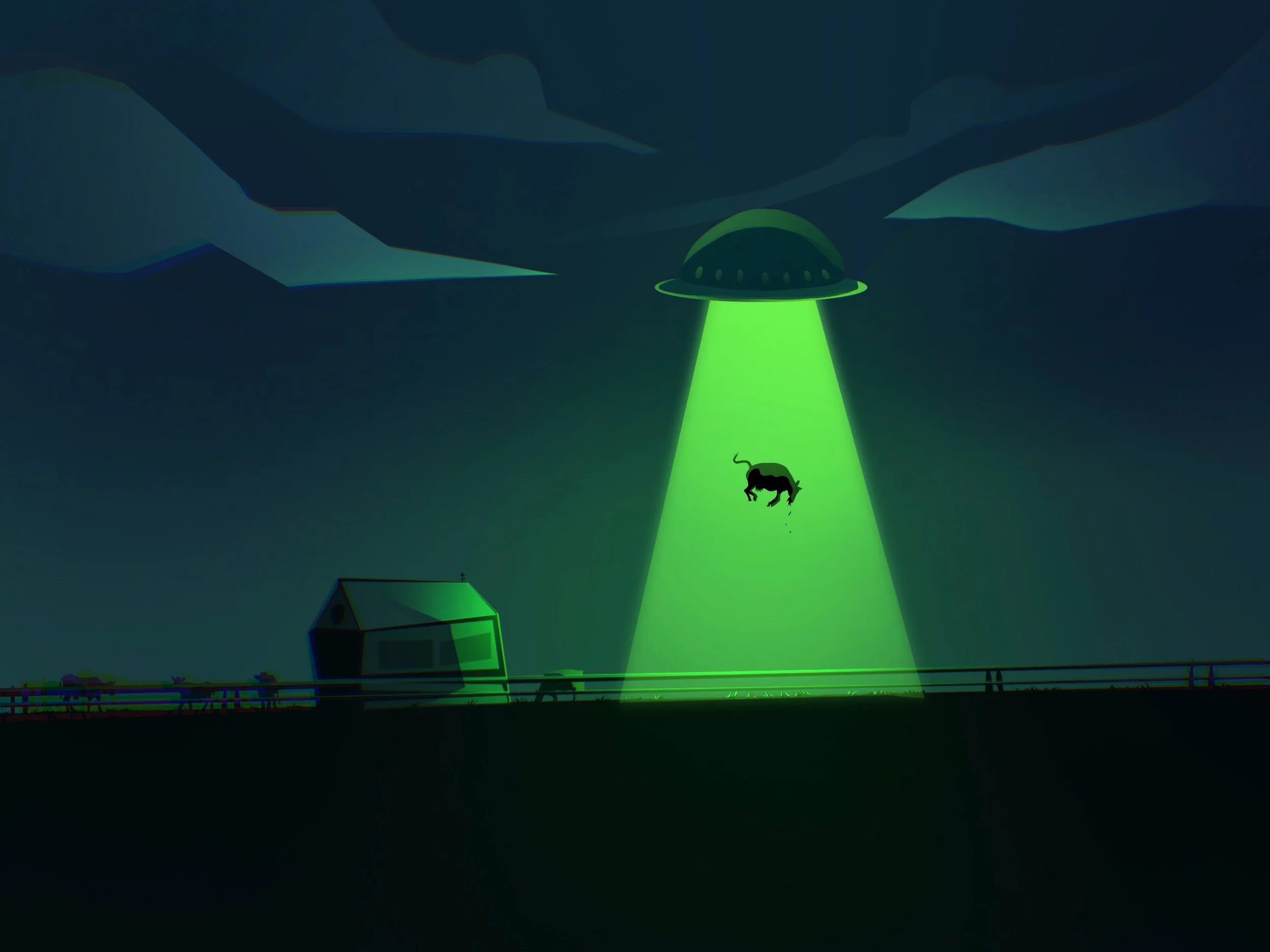 Un OVNI emitiendo un rayo de luz verde en un paisaje rural con casas y un caballo, en un entorno nocturno.