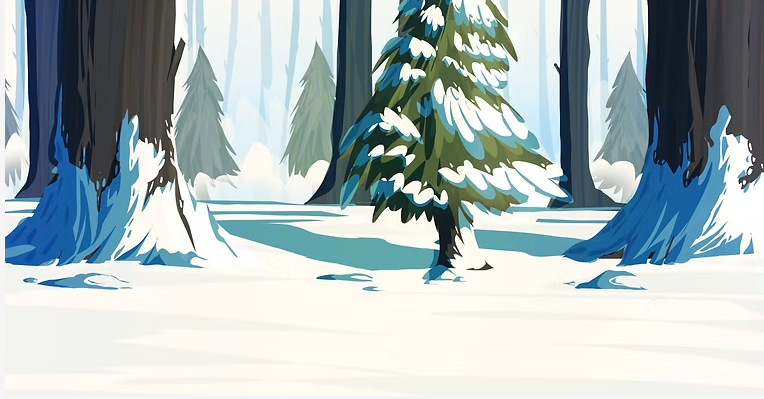 Ilustración de un bosque nevado con árboles y nieve en el suelo.