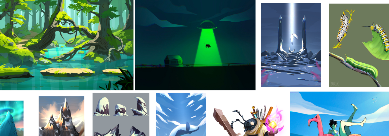 Colección de ilustraciones de escenas de la naturaleza y ciencia ficción, incluyendo un bosque con árboles y río, un ovni con luz verde sobre un campo, una escena de hielo con picos y formaciones cristalinas, gusanos en una hoja, y personajes en paisajes fantasiosos y futuristas.