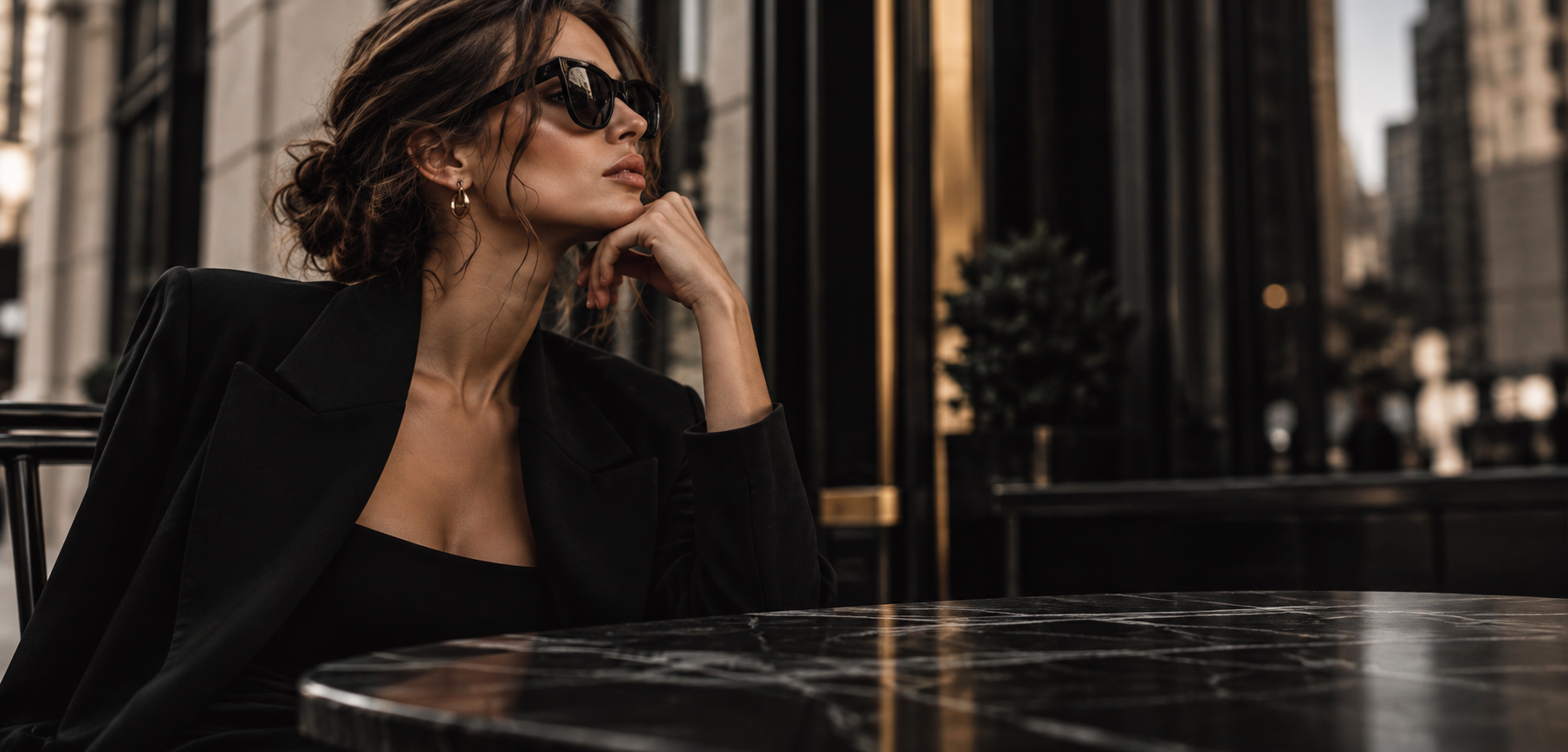 Woman sitting at table thinking with hair swept up and sunglasses on.