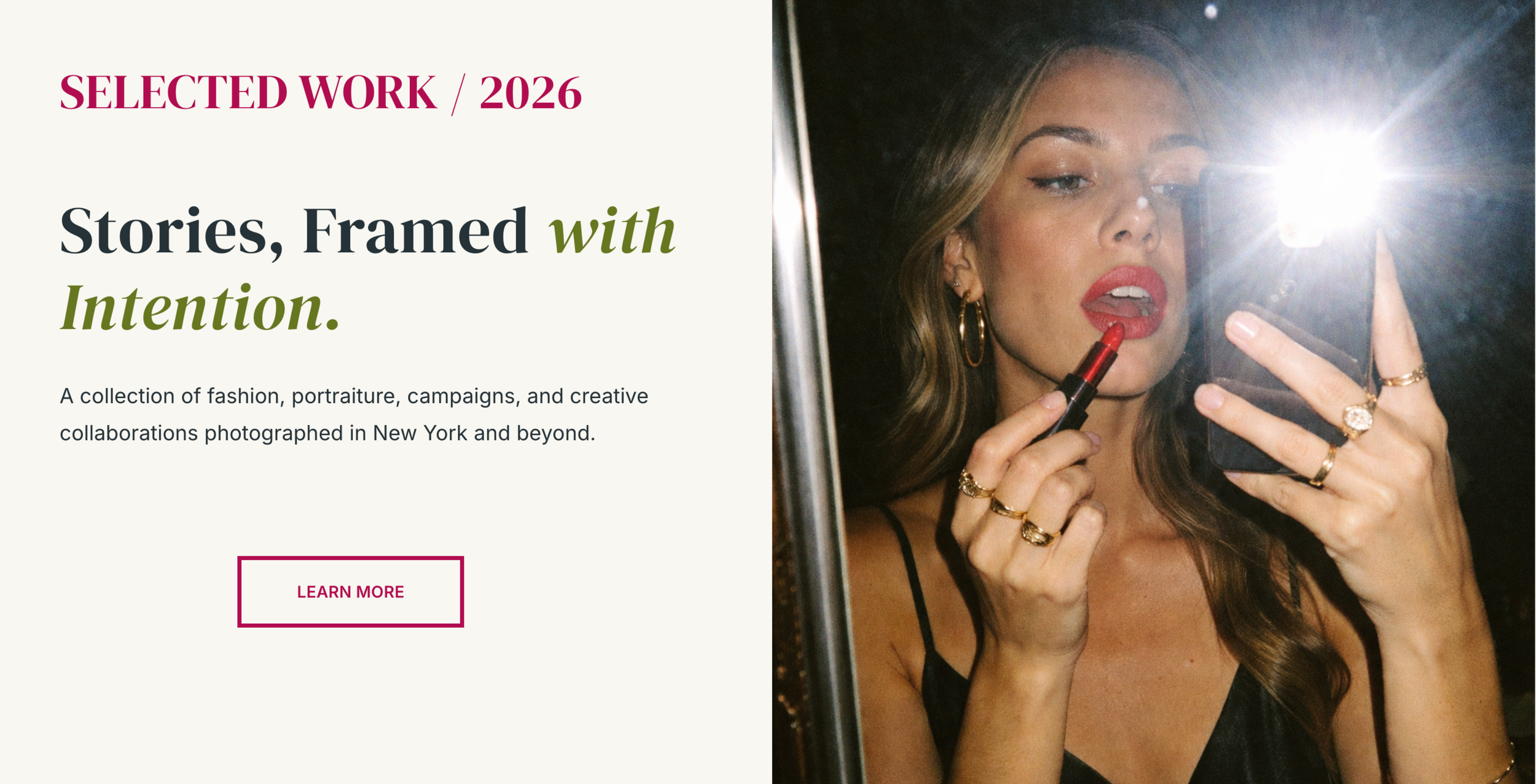 blonde woman putting red lipstick on.