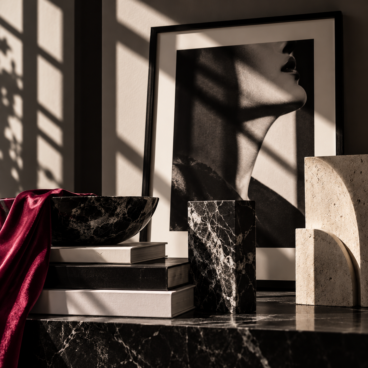 Burgundy Marble Vignette with Sculptural Shadows.png