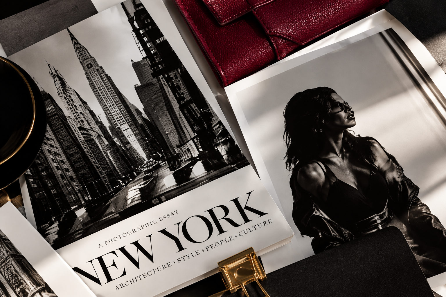 New York Editorial photos laid flat with red wallet.