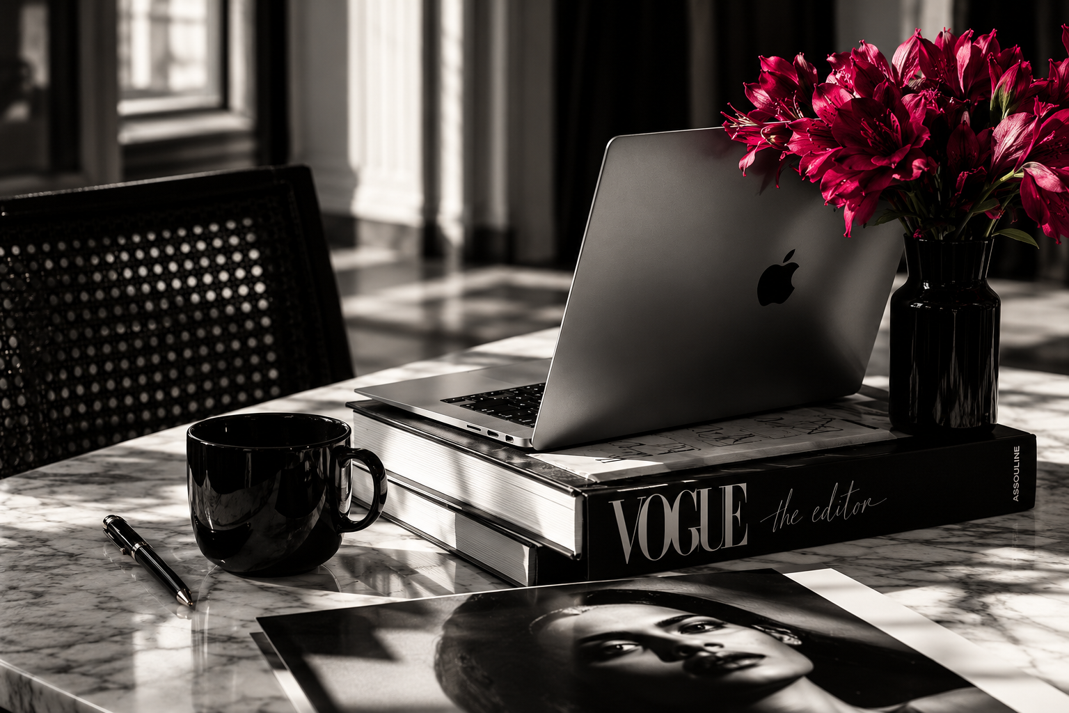 Editorial workspace with magenta flowers.