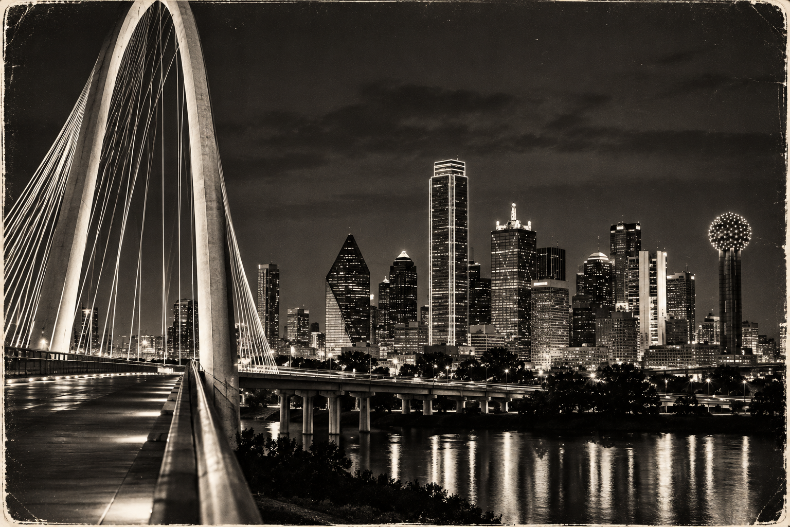 Photo of Margaret Hunt Hill Bridge in Dallas at night.