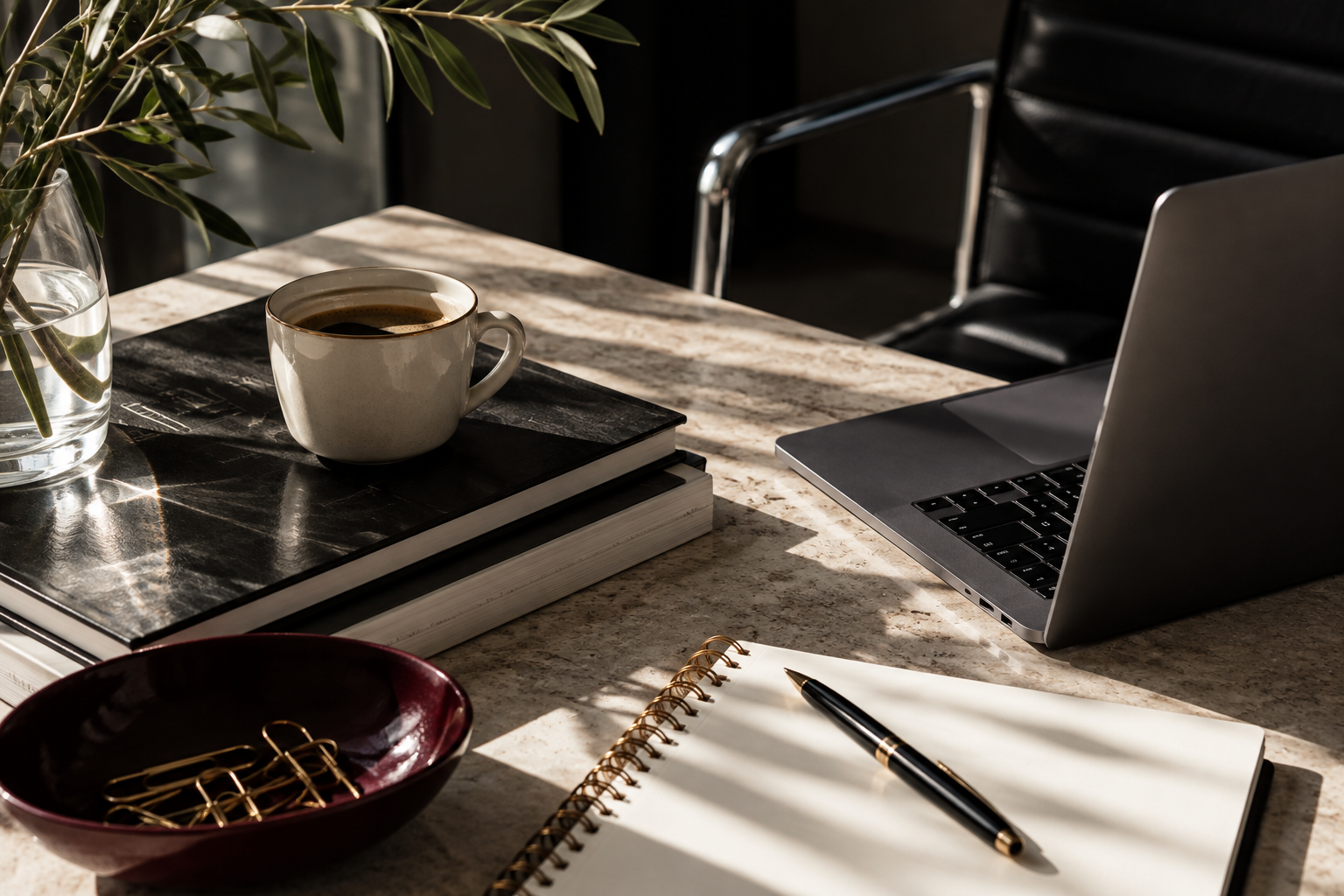 Photo of workspace with laptop and pen and paper.