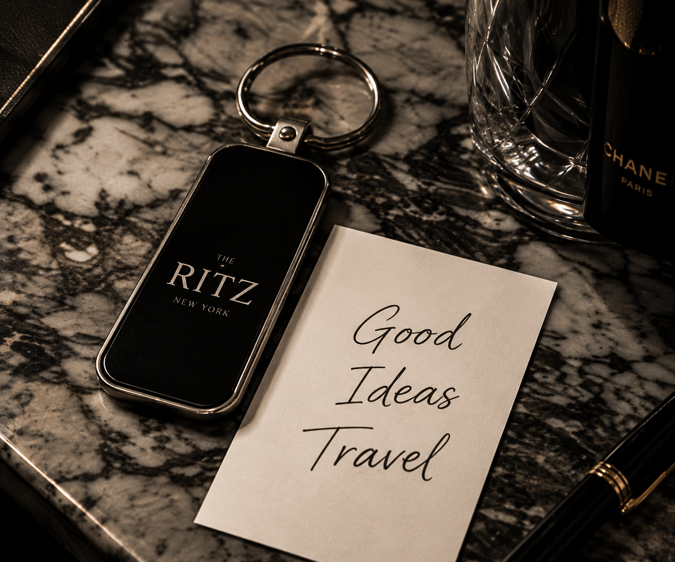 Photo of Ritz keys with note that says "Good Ideas Travel."