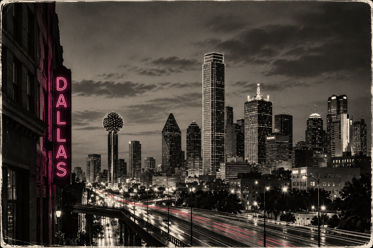 Photo of Dallas Skyline at night with neon sign.