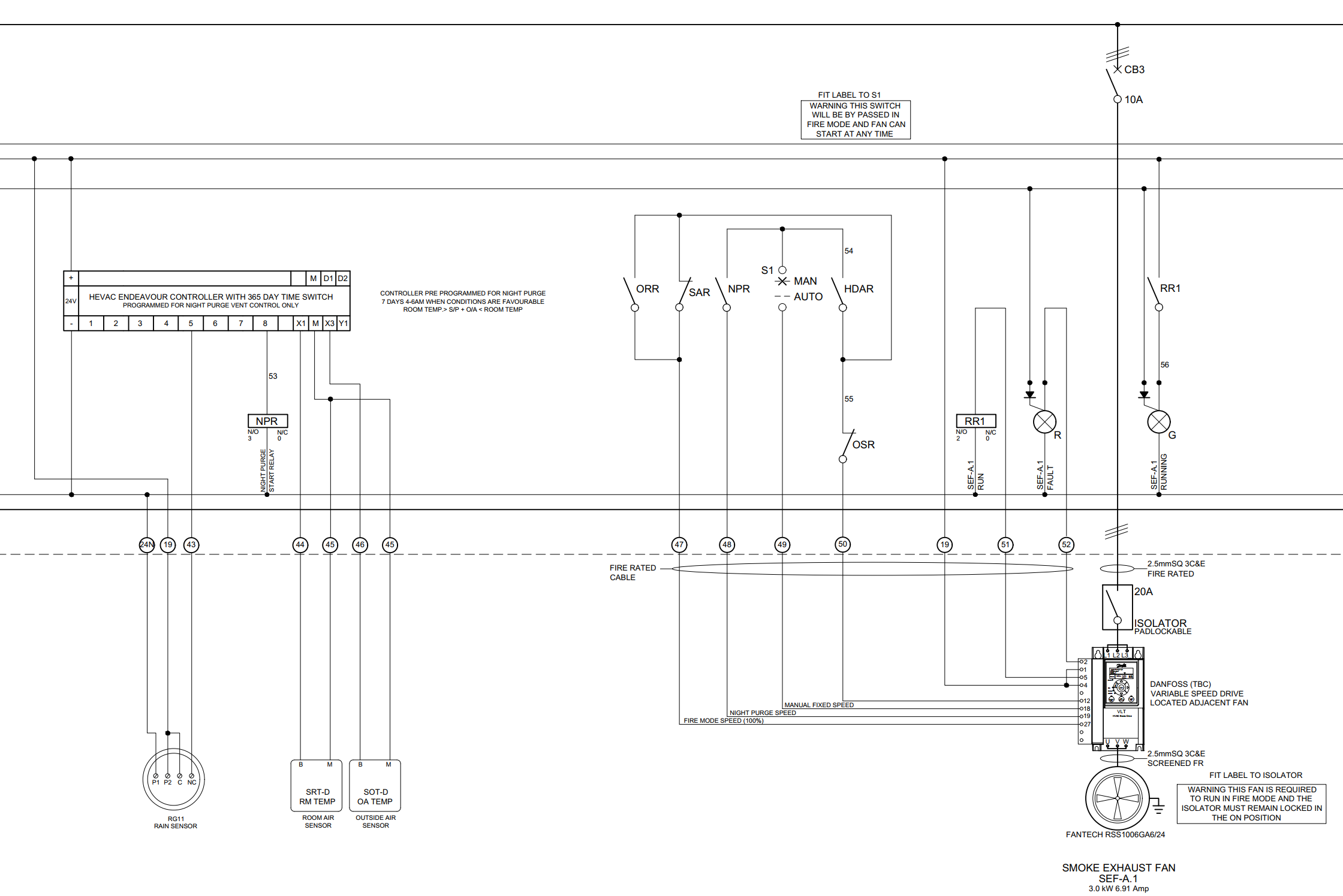 Electrical schematic diagram showing various switches, sensors, relays, and controls for a heating, ventilation, and air conditioning (HVAC) system.