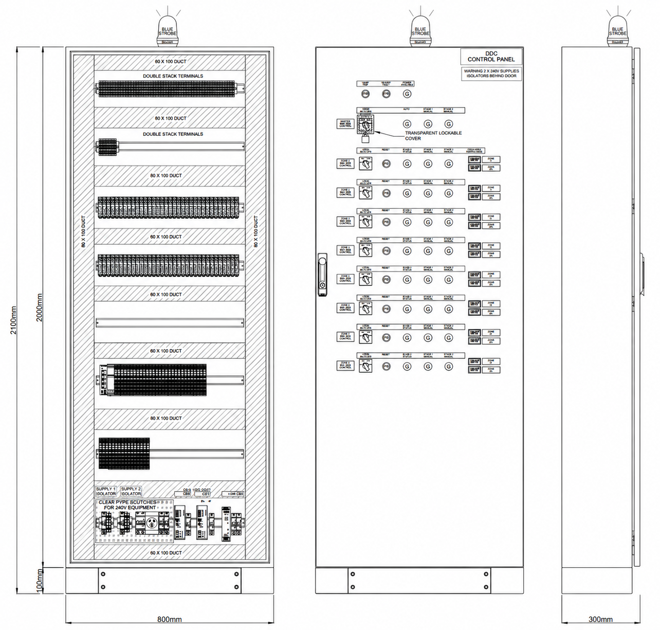 Technical drawing of an electrical control cabinet with components and wiring layout, including strobe lights at the top and detailed internal wiring diagrams.