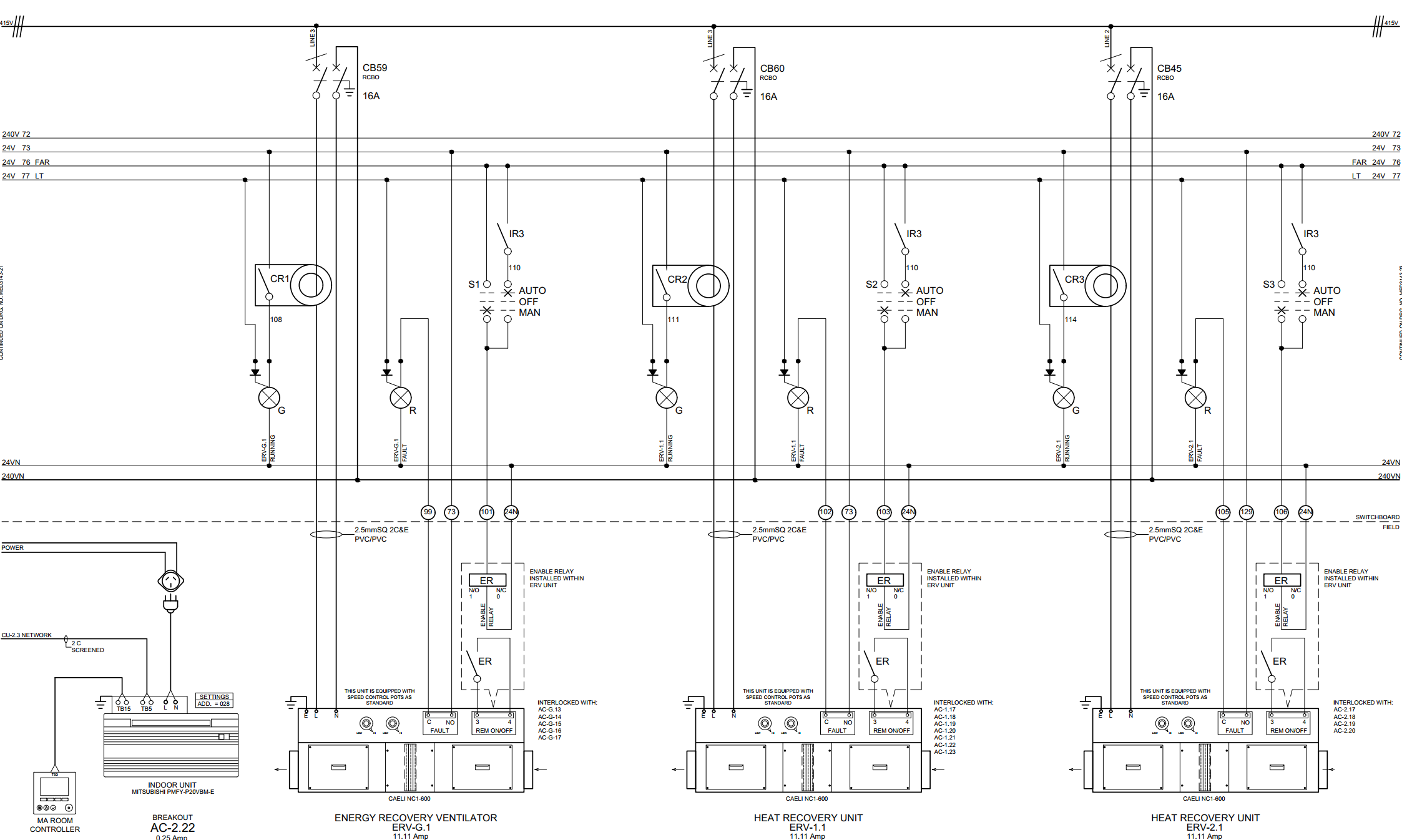 A detailed electrical schematic diagram showing connection symbols, circuit elements, and labels for power and control systems, including relays, switches, and energy recovery units.