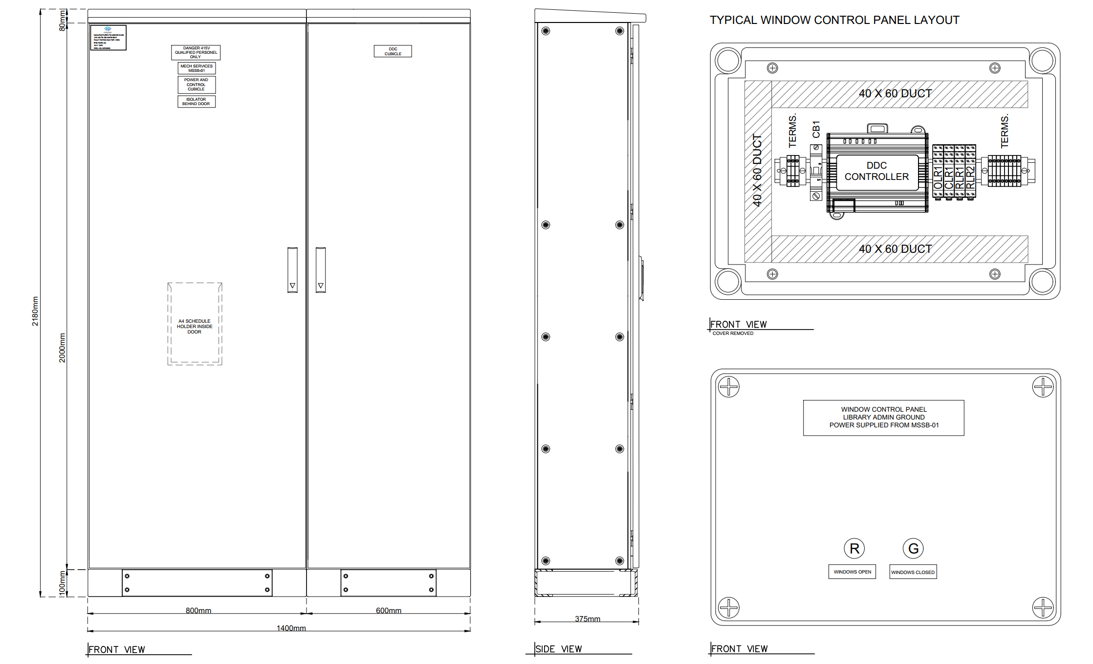 Technical drawing of an electrical control panel with front view, side view, and window control panel layout, including labeled components and measurements.