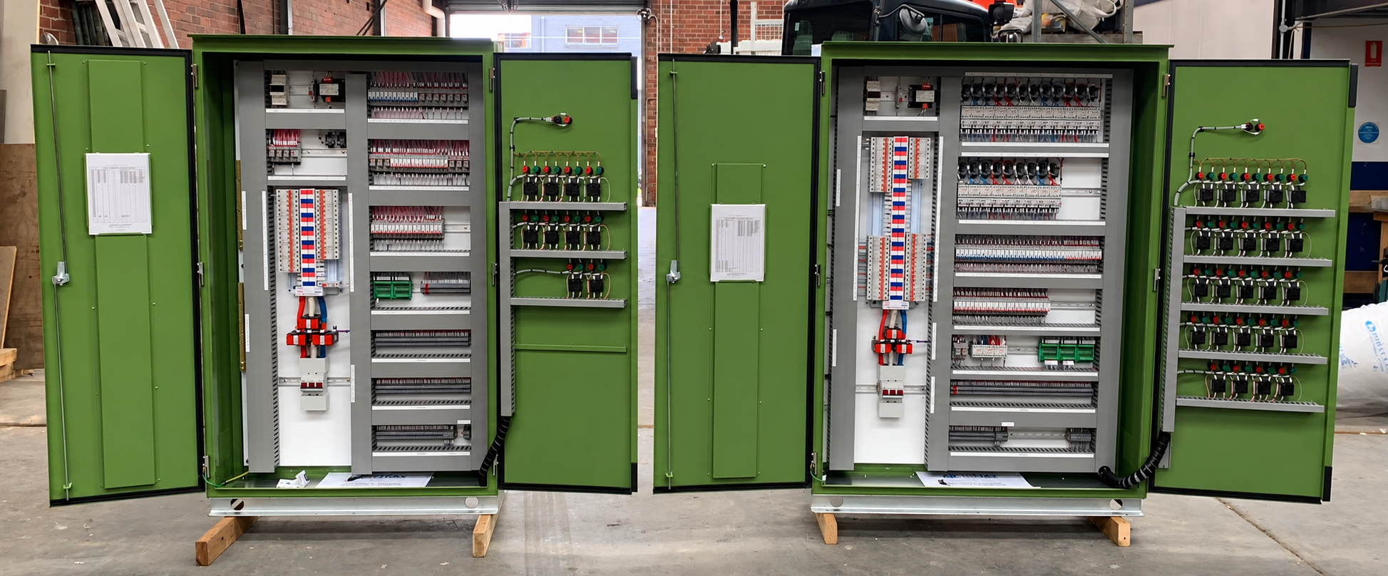 Two large green electrical control panels with open doors revealing internal circuit breakers, relays, and wiring, standing on a concrete floor inside a workshop or industrial building.