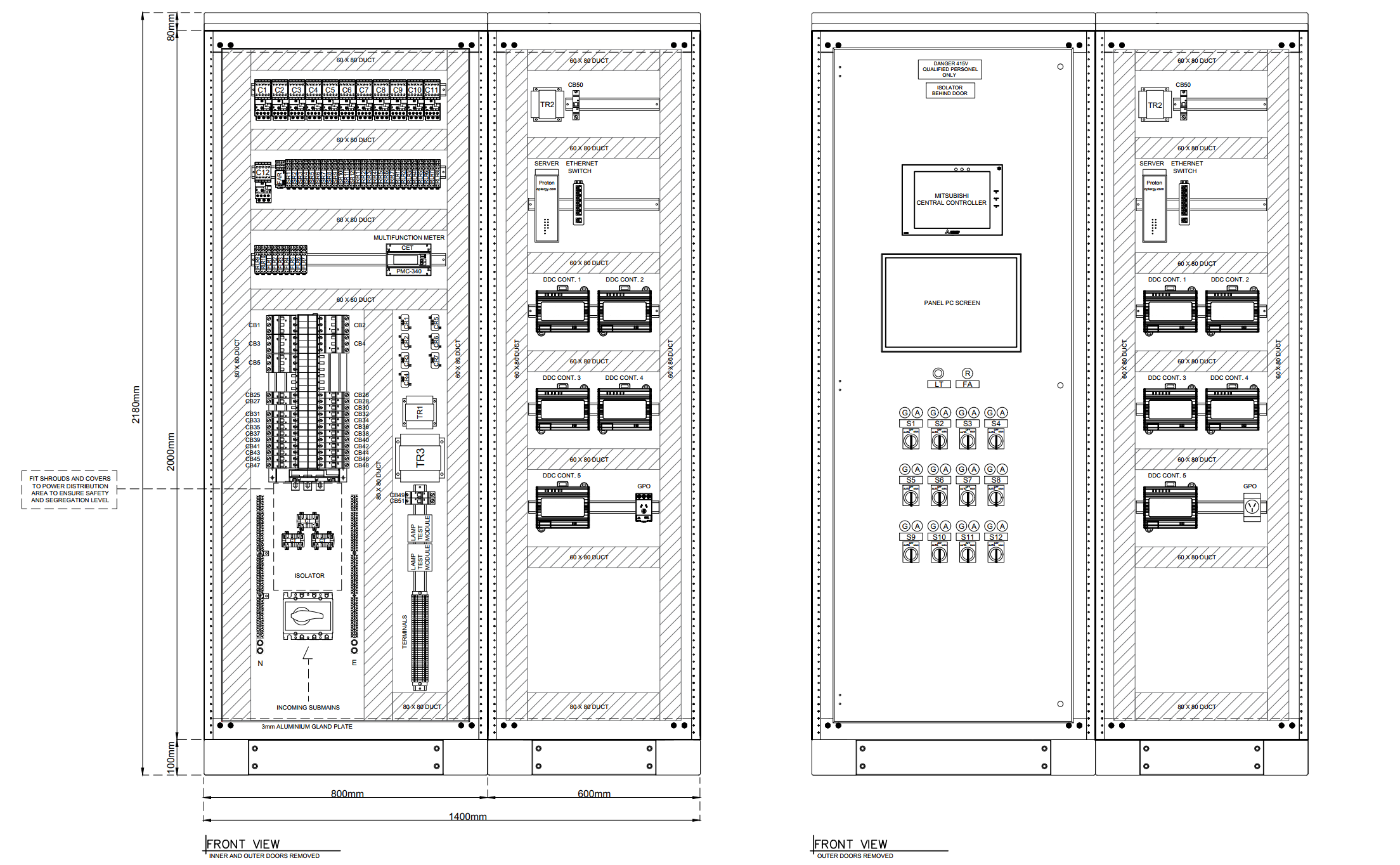 A detailed technical blueprint of an electrical control panel layout, including various components such as relays, switches, meters, and wiring diagrams, with measurements and labels for installation.
