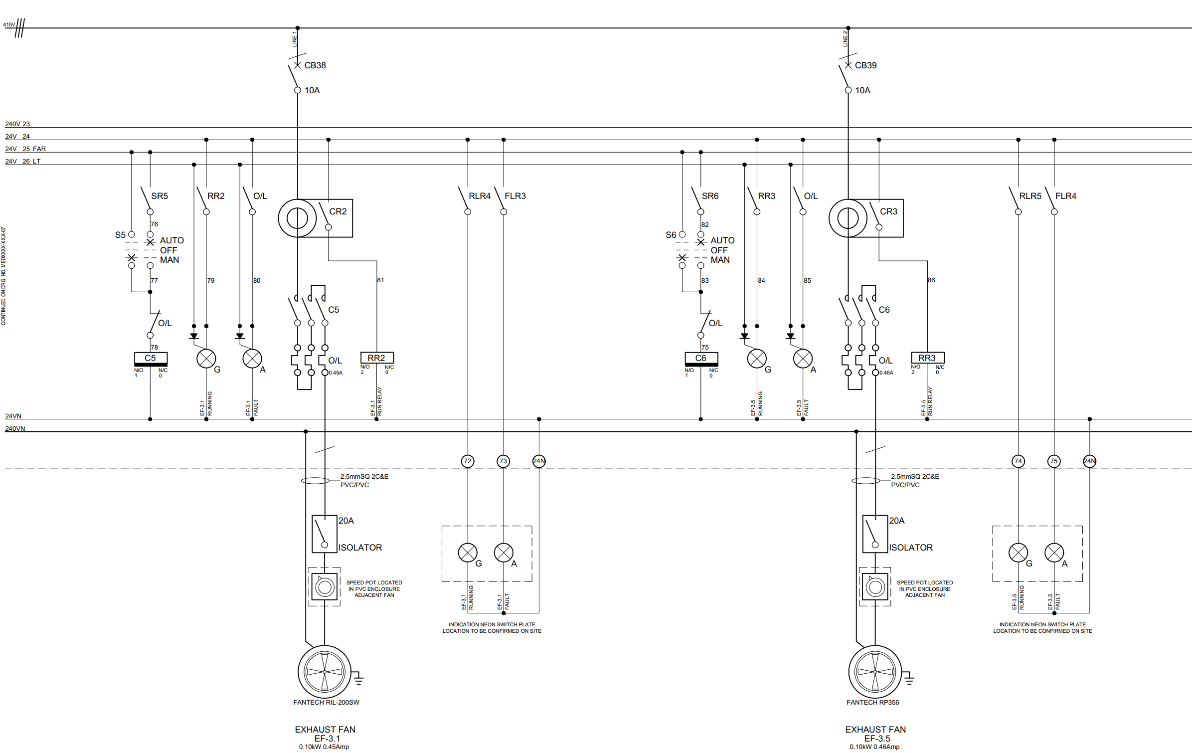 Mechanical services switchboard (MSSB) electrical schematic showing fan power and control circuits.