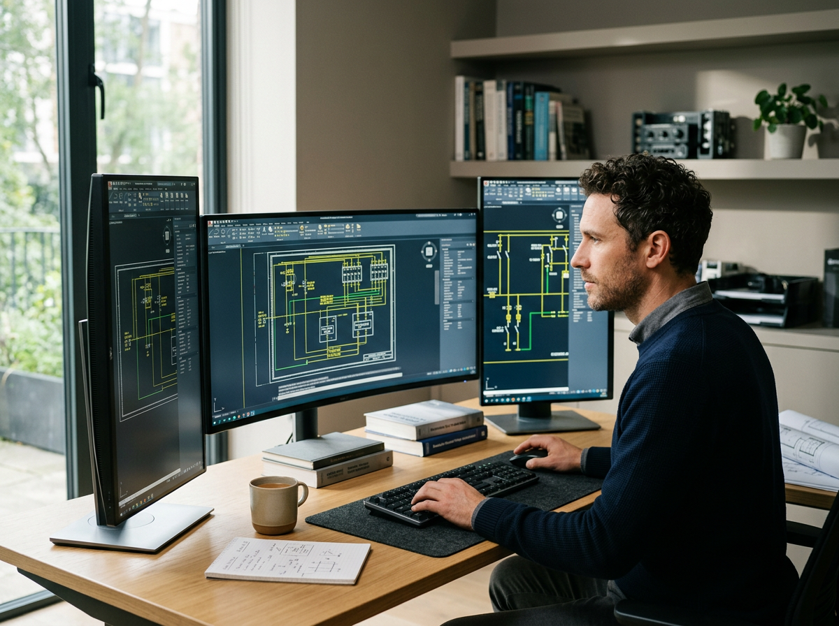 Man working on electrical circuit design on dual monitors in a home office with books, a notebook, coffee mug, and plants in the background.
