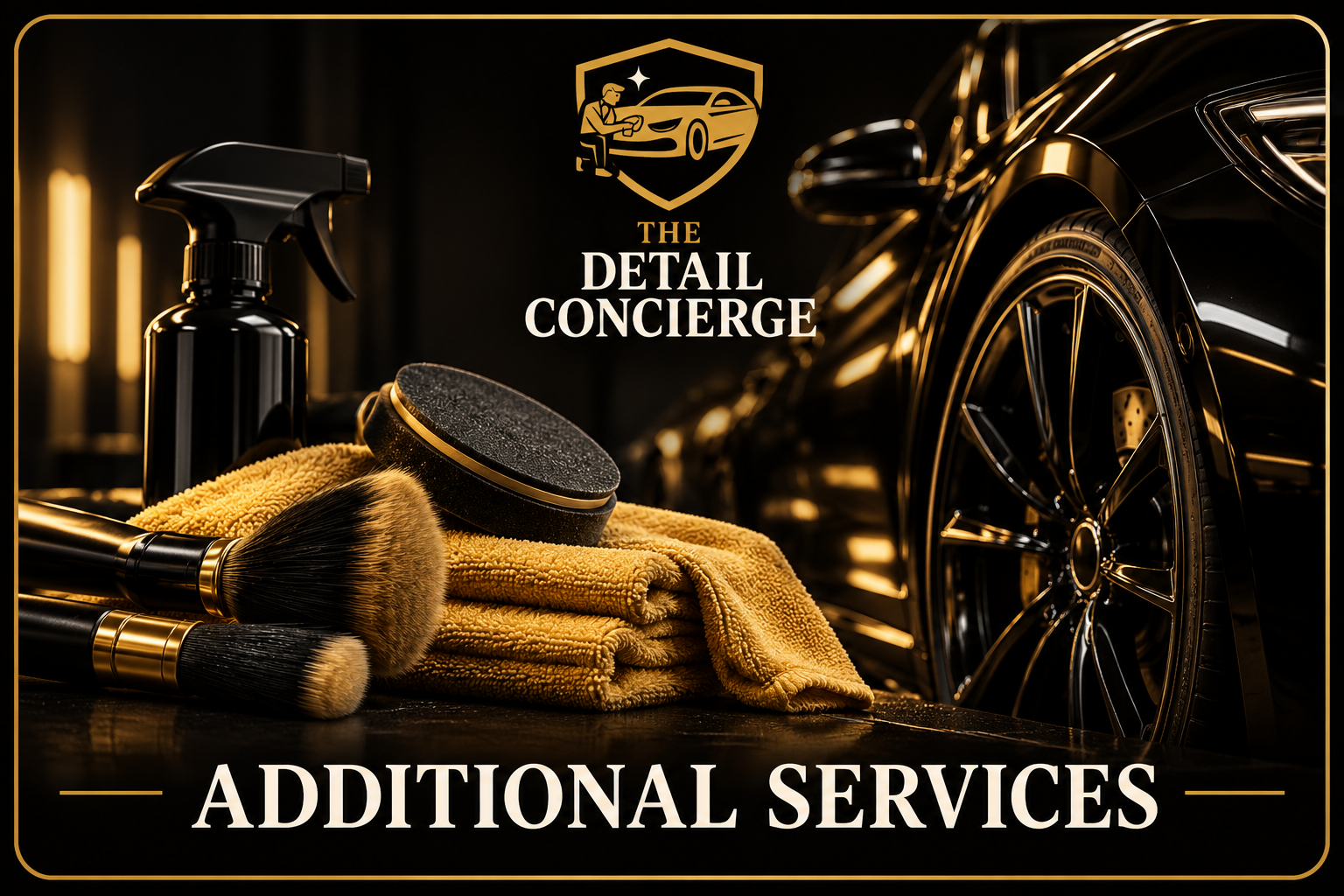 A luxury car detailing setup with cleaning supplies including brushes, a spray bottle, and a polishing pad, with a sleek black car in the background, advertising additional services by The Detail Concierge.