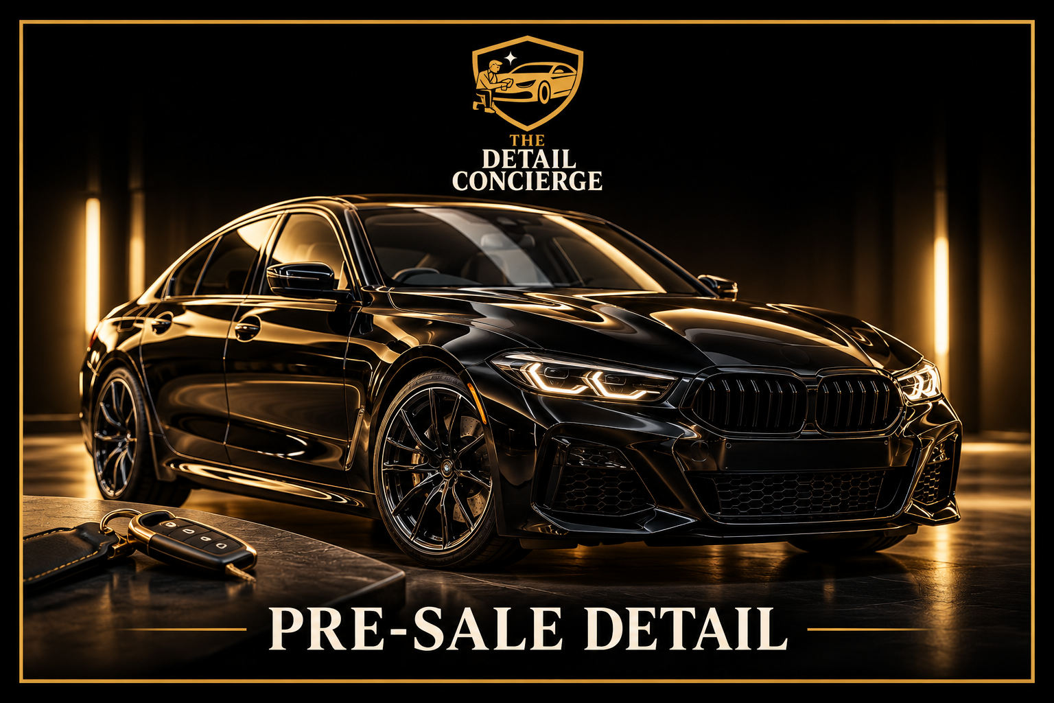 Black luxury sedan with illuminated headlights in a showroom, with a key fob on a nearby table, advertising pre-sale details for a car dealership called The Detail Concierge.