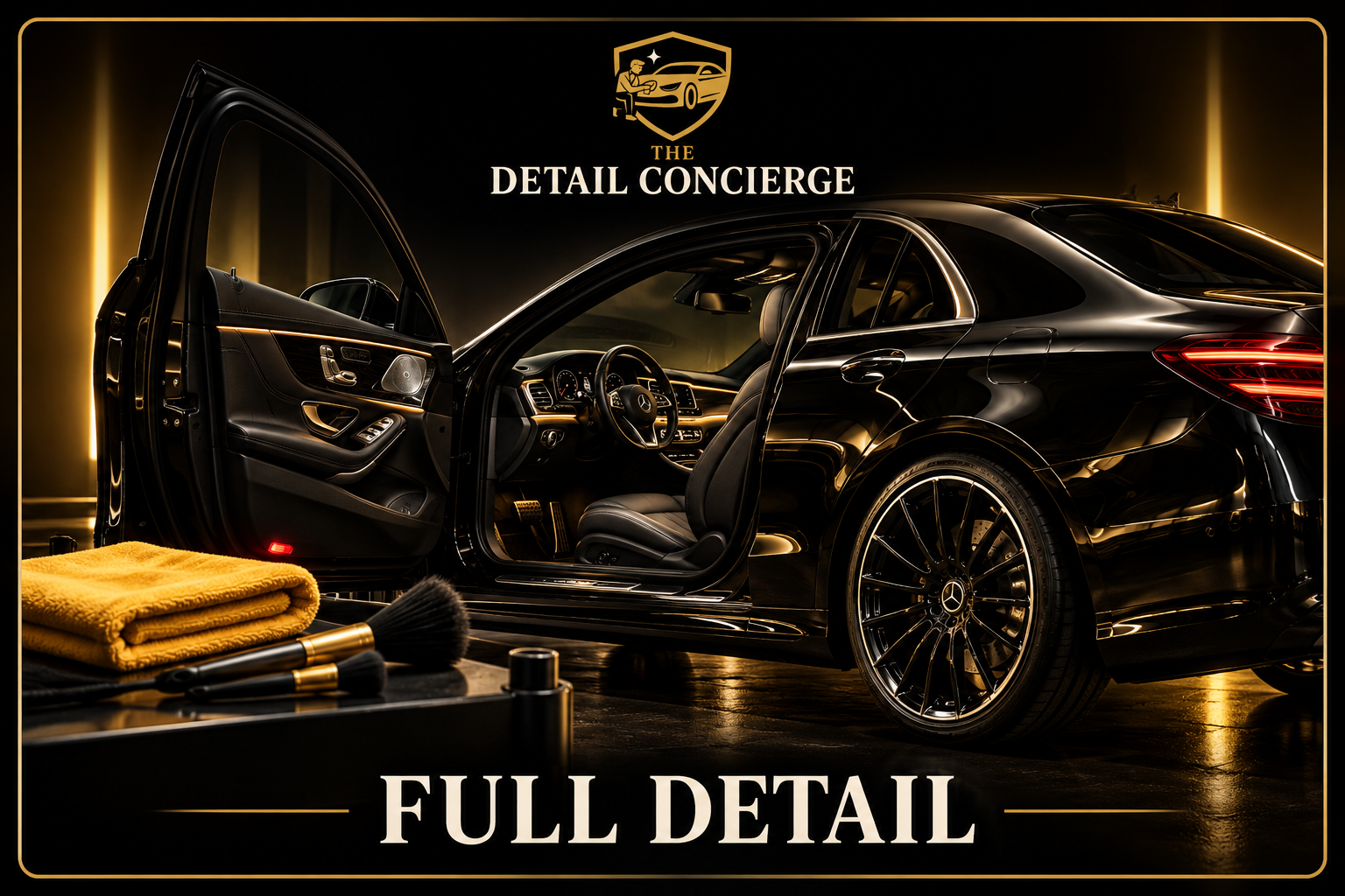 A black luxury car in a detailing shop with the door open, revealing a clean interior. Car detailing tools and yellow towels are in the foreground. The image has a gold and black theme with the text "The Detail Concierge" and "Full Detail".