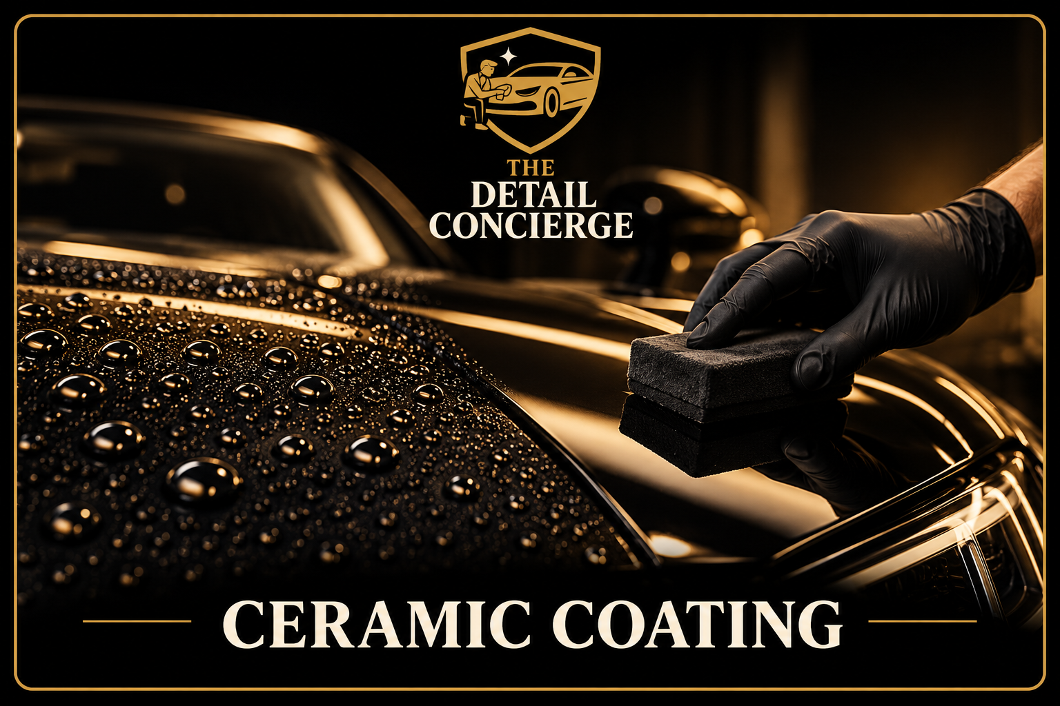 Close-up of a person wearing black gloves applying ceramic coating to a shiny black car with water beads on its surface, digital illustration for car detailing service.