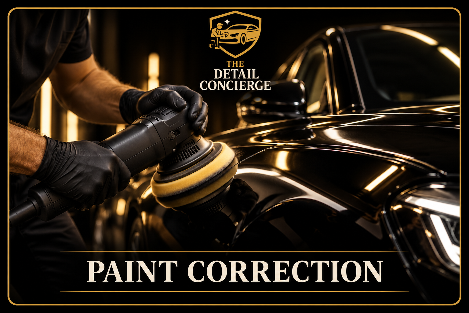A person wearing black gloves polishing a black car with a rotary buffer in a dimly lit garage. The image features the logo of The Detail Concierge, with the words "Paint Correction" at the bottom.