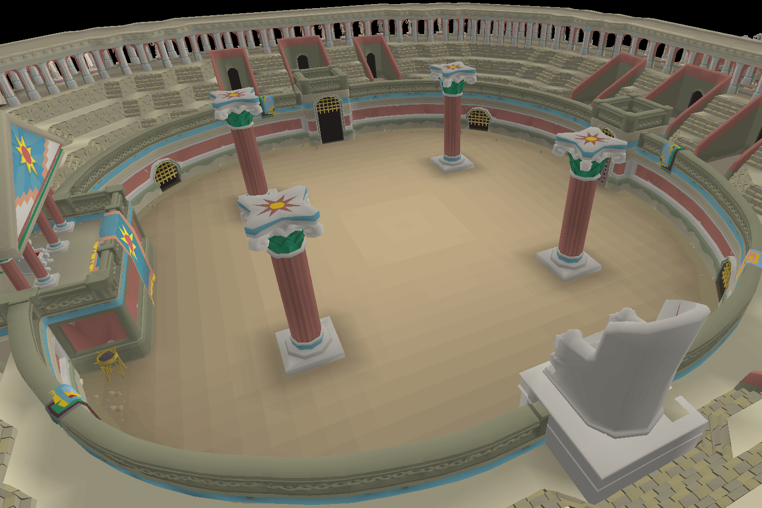 Empty ancient Roman-style arena with four tall red columns topped with white and blue decorative capitals. The seating area surrounds the arena, with painted banners and small doors leading to other areas. A large white statue is at one end of the arena.