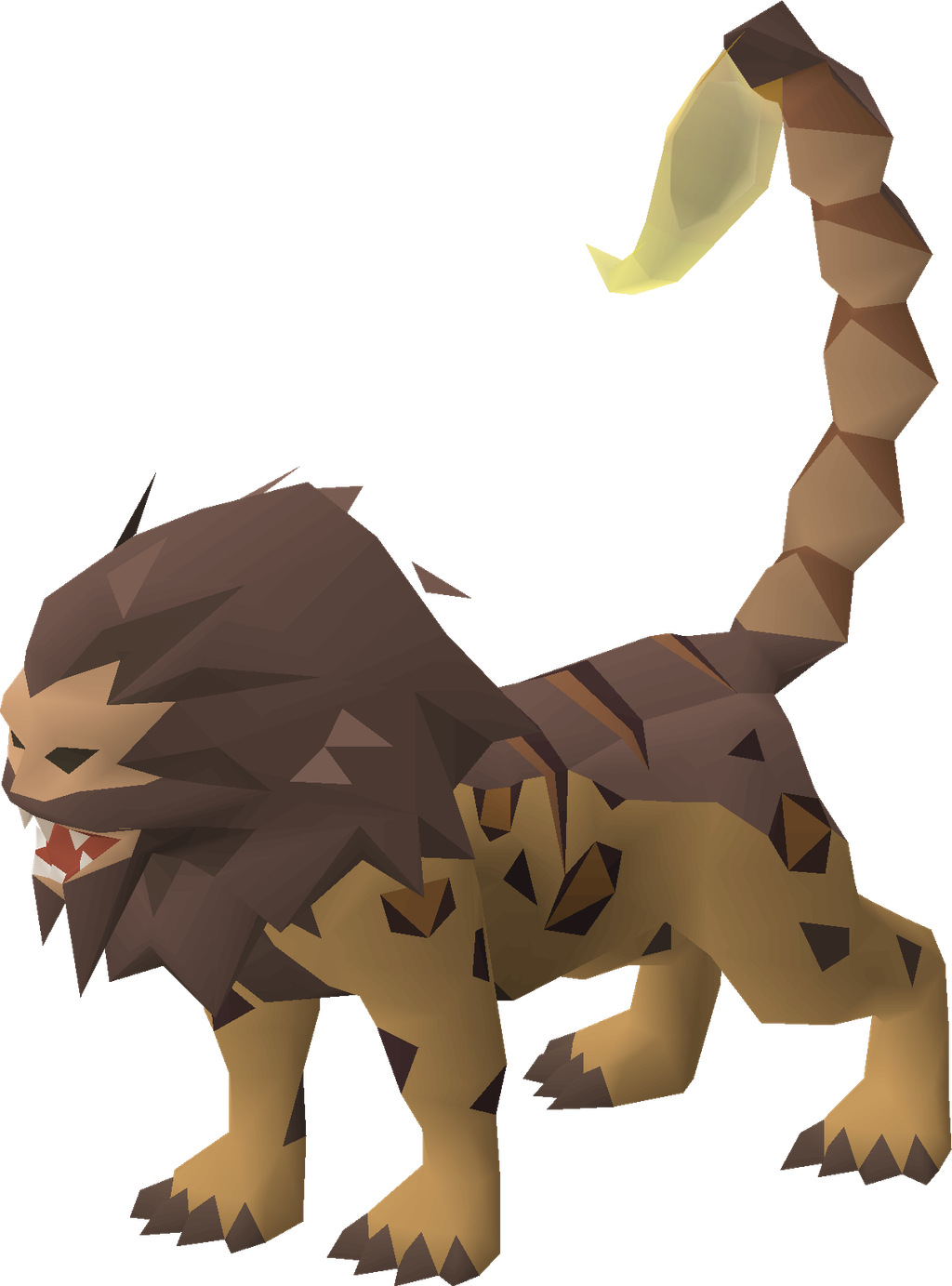 A low polygon style video game depiction of a monster resembling a lion with a large tail and sharp teeth.
