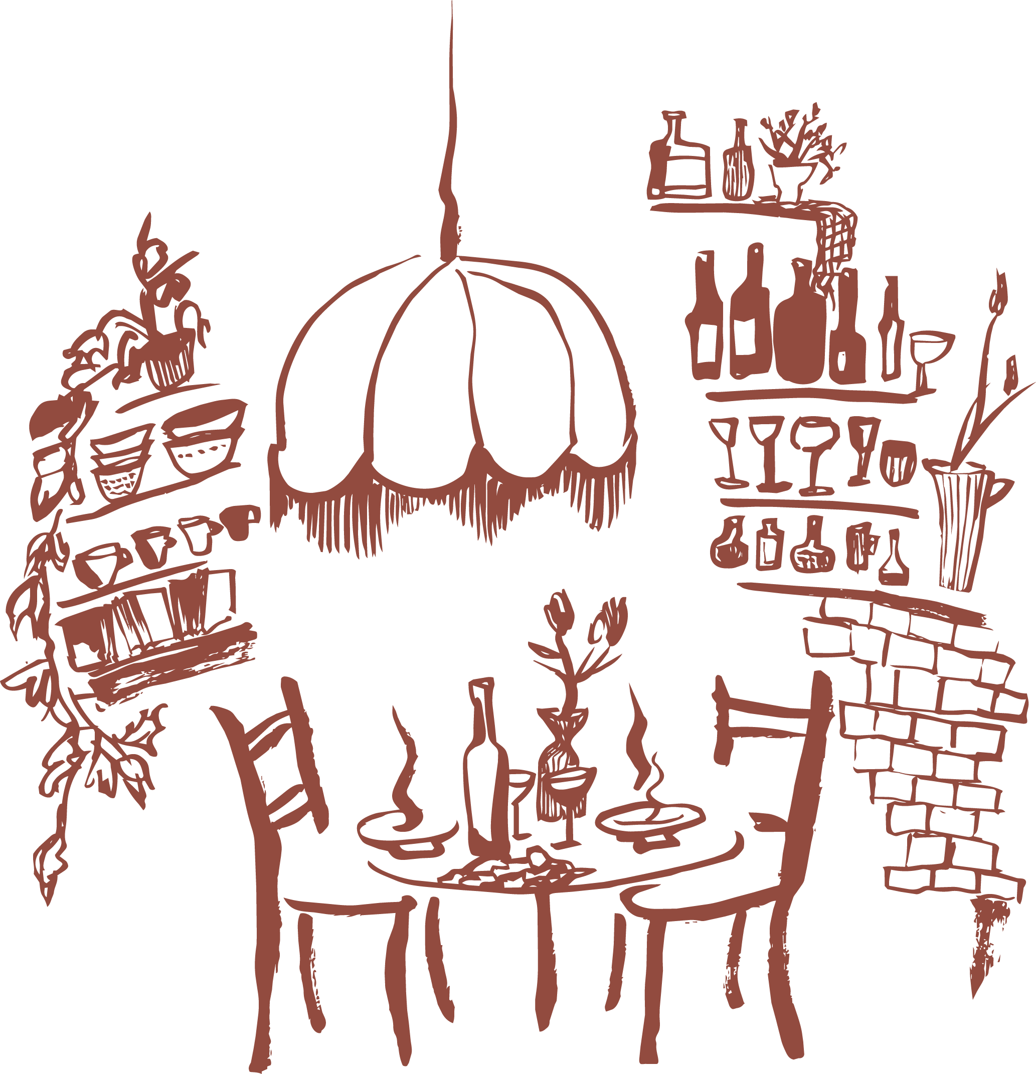 Illustrazione della locanda con tavoli e sedie, barattoli e bottiglie sul bancone, un ombrellone con tenda, piante e accessori come bicchieri e decori.